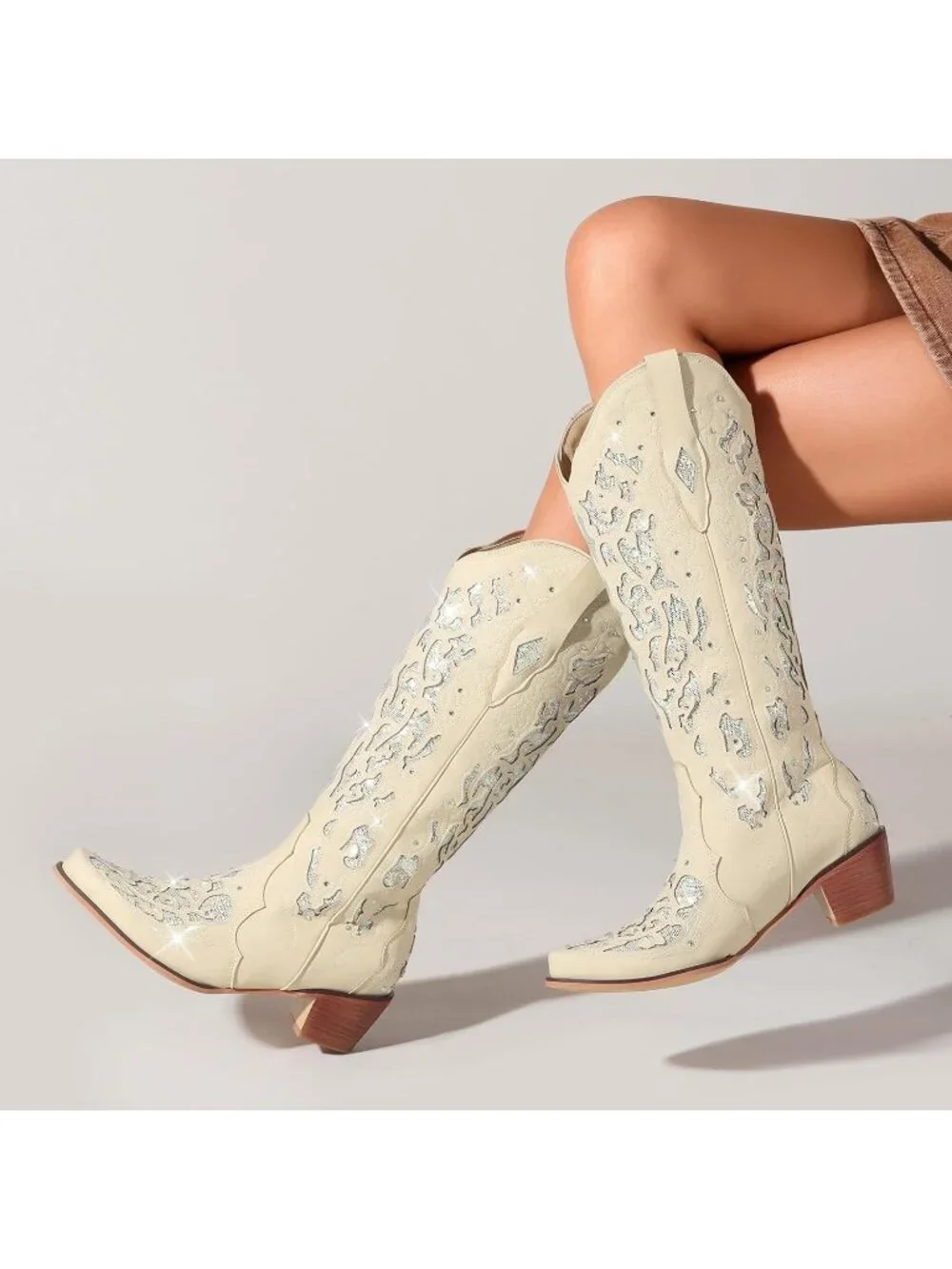 Women's White Mid Calf Cowgirl Boot Rhinestone Comfortable Chunky Heel Western - Picture 2 of 5